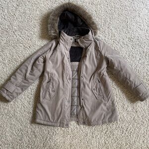 Gallery Petite Coat with Removable Hood Vegan Fur Trim Size Small Light Brown